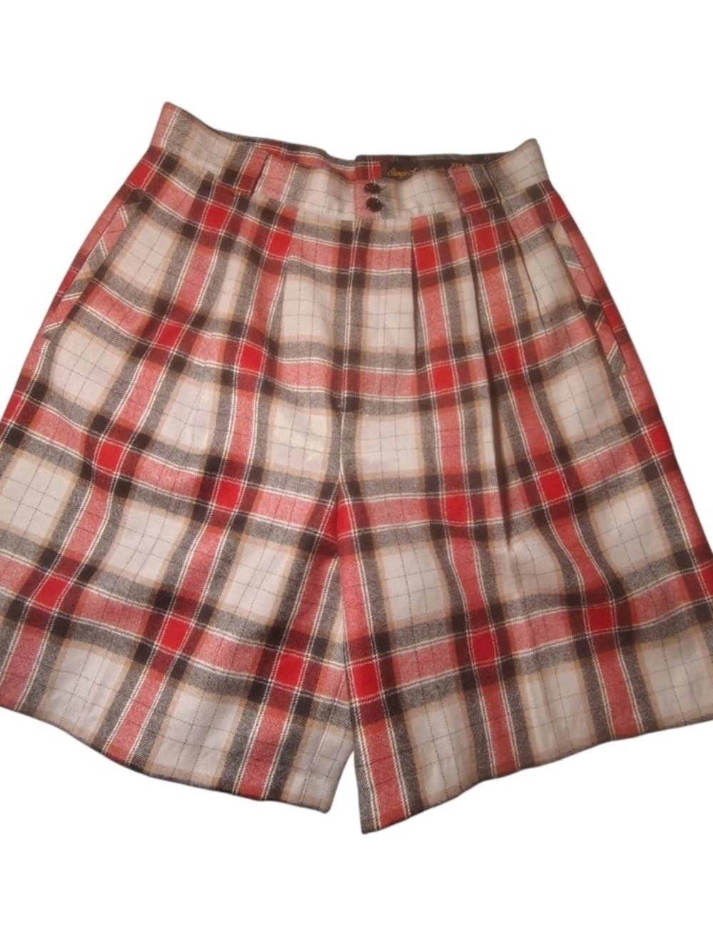 Giorgio Sant Angelo Vintage Plaid Wool Bermuda Shorts Red Pleated Size 12